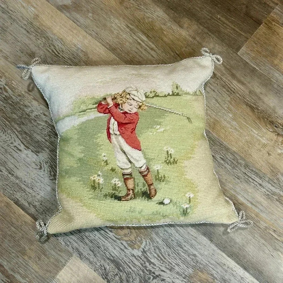 Wool Needlepoint Throw Pillow by Imperial Elegance Vintage Child Golfer … - Picture 2 of 8